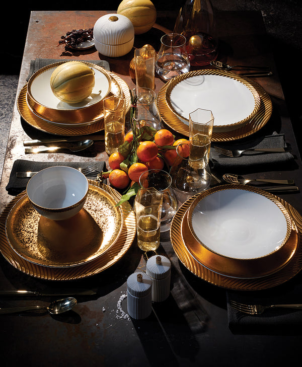 Lavish Gold Dinnerware Table Setting with Mandarins and Glassware