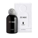 black bell shaped glass bottle with white lettering topped with a round crackle top