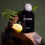 black bell shaped glass bottle with round crackle top styled with a dark green background