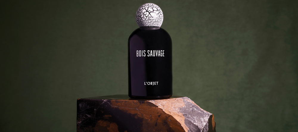 Bois Sauvage Fragrance Bottle on a brown stone in a forest green setting