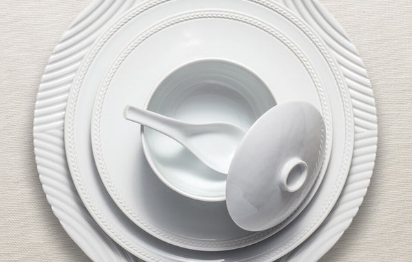 Corde + Soie Tresse white porcelain plate stack with rice bowl and Chinese spoon.