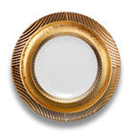Porcelain Corde charger plate with gold arched strand motif, Alchimie gold glazed dinner plate.