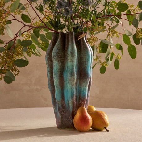 Cenote Vase in Earthy tones with branches flowers and pears on neutral tablescape