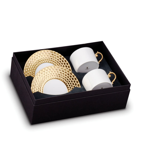 Gold Aegean Tea Cup and Saucer - Sculpted Wave Motif Design with a Nod to Greco-Roman Treasures of the Ancient World