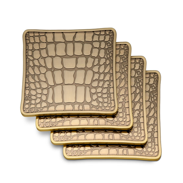 Set of 4 Crocodile Coasters - Embellished with Hand-Crafted Antiqued Brass - Complex Detail with Rich Textures & Design