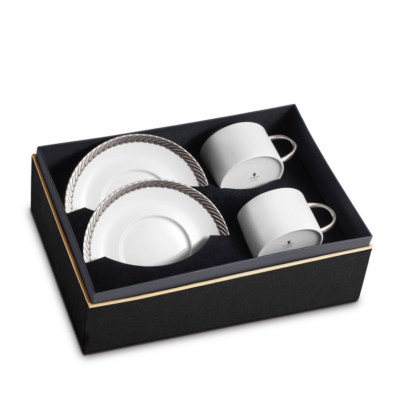 Set of Two Platinum Corde Tea Cups and Saucers - Nod to Old-World Silk Cords - Sculptural and Timeless with Hand-Painted Porcelain