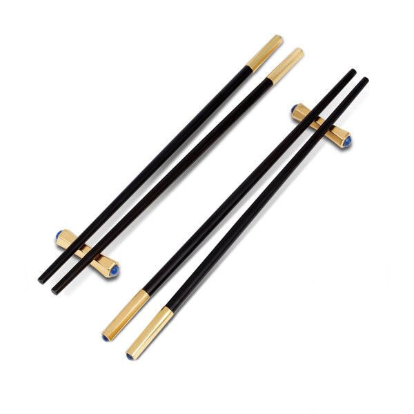 Set of Two Pairs of Zen Chopsticks and Rests - Black and Wood Chopsticks Adorned with Gold Metal and Blue Stones