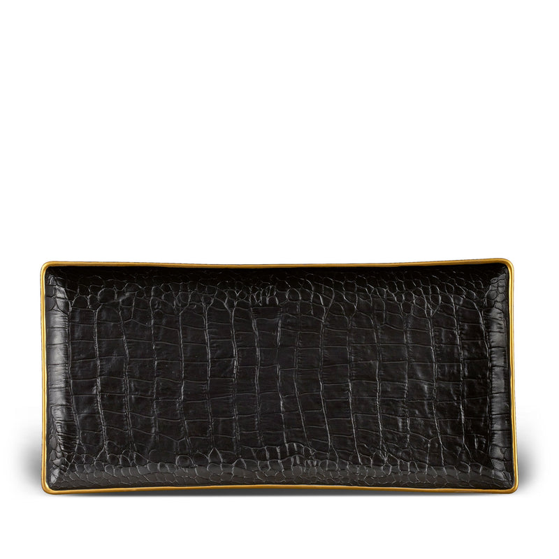 Medium Crocodile Rectangular Tray in Gold by L'OBJET - Exemplary Workmanship with Hand-Crafted Metals and Limoges Porcelain