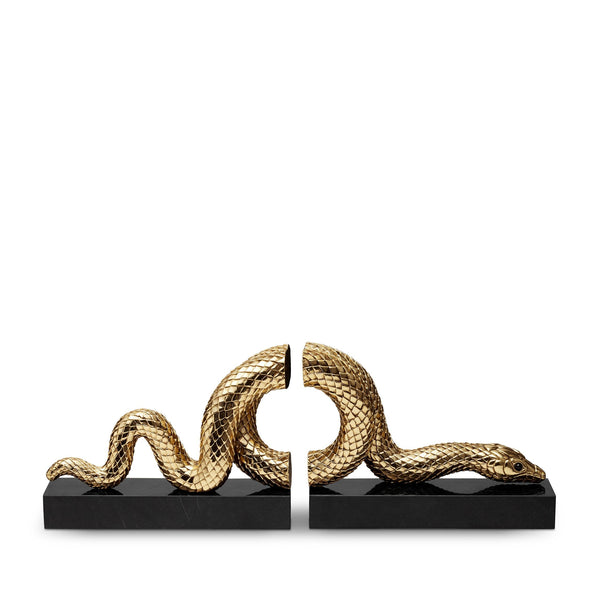 Gold Snake Bookend Set by L'OBJET - Exemplary Workmanship with Hand-Crafted Metals and Limoges Porcelain