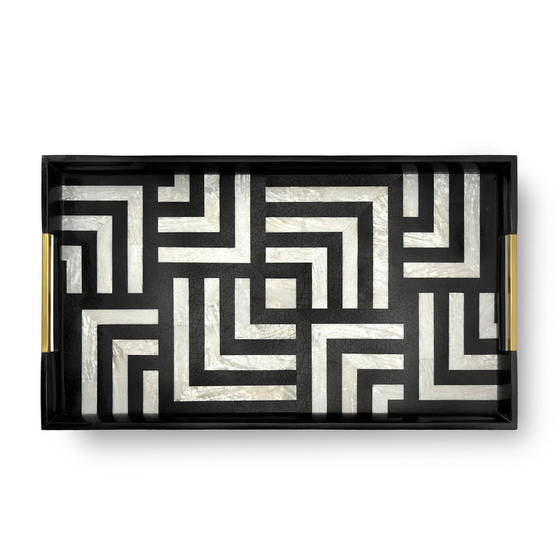 Large Dédale Rectangular Tray in Black and White - Geometric Patterns with Ornate Detailed Handles - Bold Craftmanship