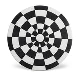 dark blue and white checkerboard pattern on a round flat platter
