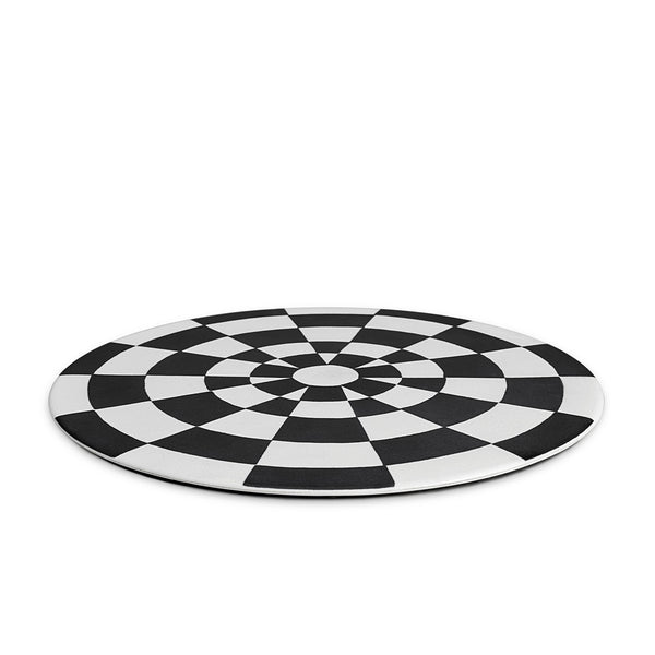 dark blue and white checkerboard pattern on a round flat platter laid low