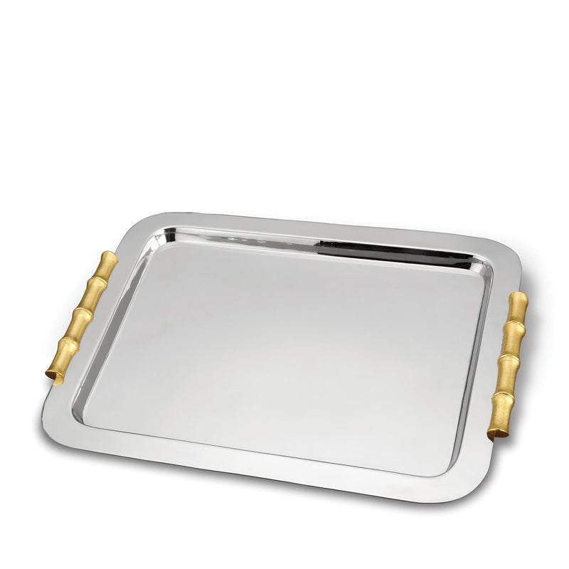 Bambou Butler Tray - Modernized with Infused Organic Elements - Hand-Gilded 24K Gold-Plated Bamboo & Stainless Steel