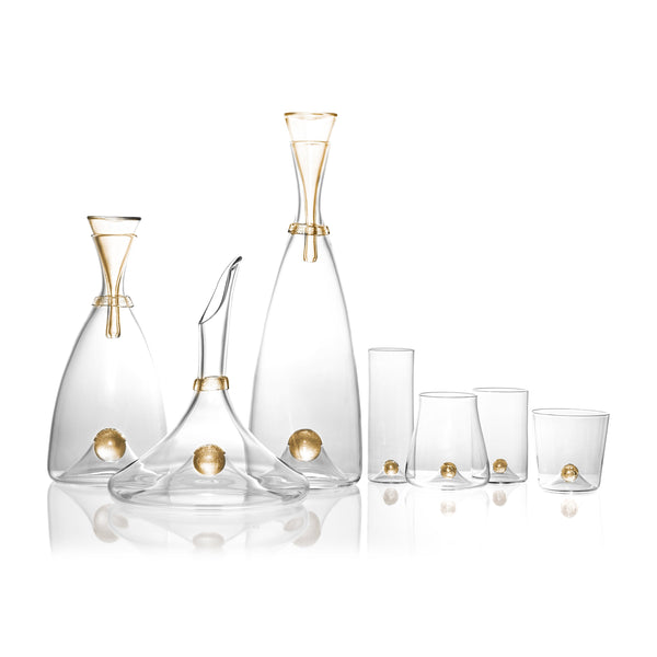Large Oro Decanter in Gold - Timeless Piece Featuring Signature Orb Wrapped in Crackled Gold Leaf