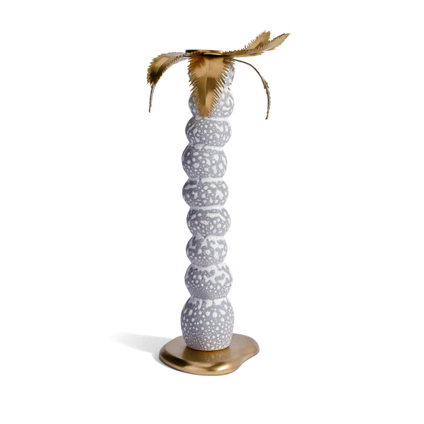 Large, Grey Haas Mojave Palm Candlestick - Porcelain Palm Trunk & Brass Fronds - Functional & Modern Style