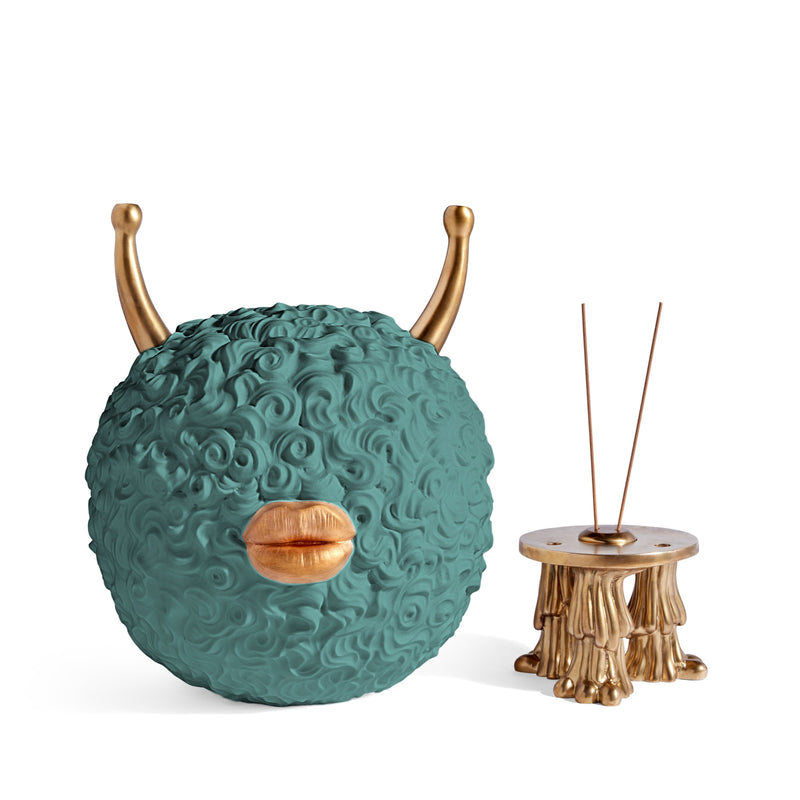 Haas Monster Incense Burner in Celedon - Muted Green Sculpture Adorned with Two Gold Horns and Gold Lips