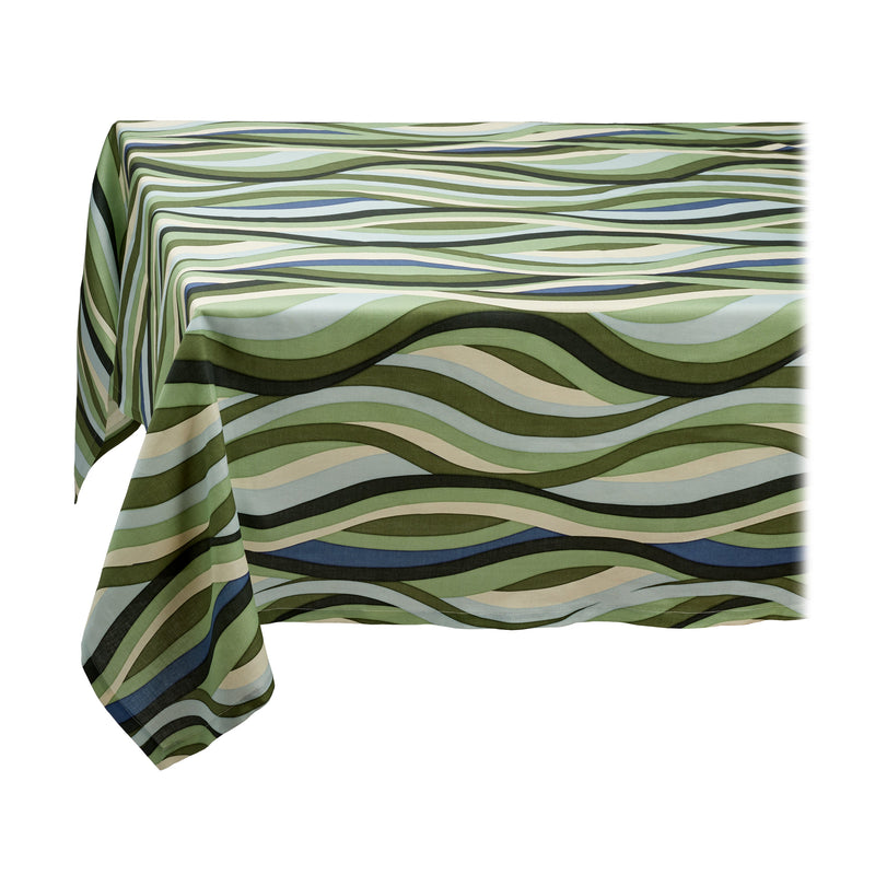 Linen rectangular tablecloth  with an organic, undulating pattern in blue, green and ivory hues.
