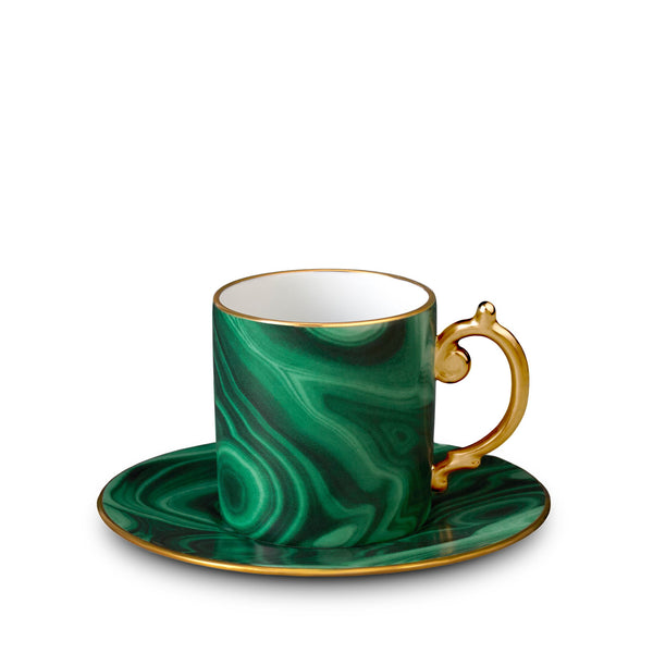 Malachite Espresso Cup and Saucer in Green - Made of Limoges Porcelain and Earthenware - Hand-Gilded with 24K Gold Accent