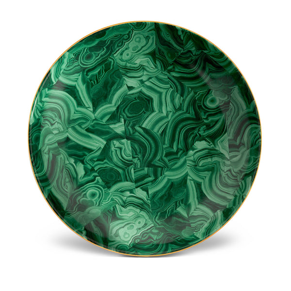 Malachite Round Platter in Green - Made of Limoges Porcelain and Earthenware - Hand-Gilded with 24K Gold Accent