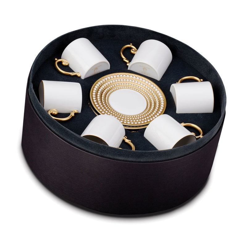 Set of 6 Perlée Espresso Cups and Saucers in Gold - Timeless and Sophisticated Dinnerware Crafted from Limoges Porcelain