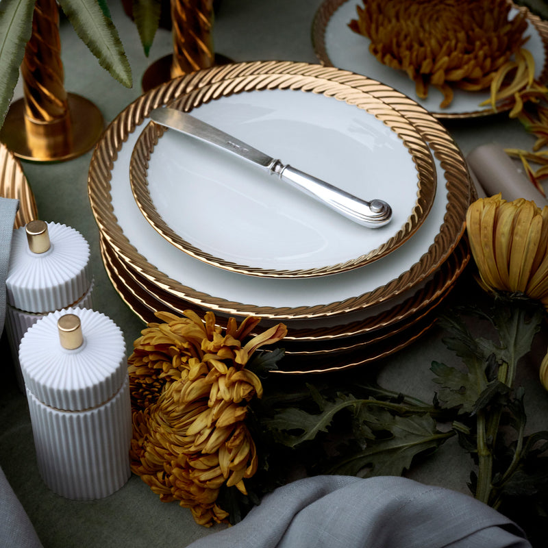 Gold Corde Tableware collection - Nod to Old-World Silk Cords - Sculptural and Timeless with Hand-Painted Porcelain - Classic Craftsmanship