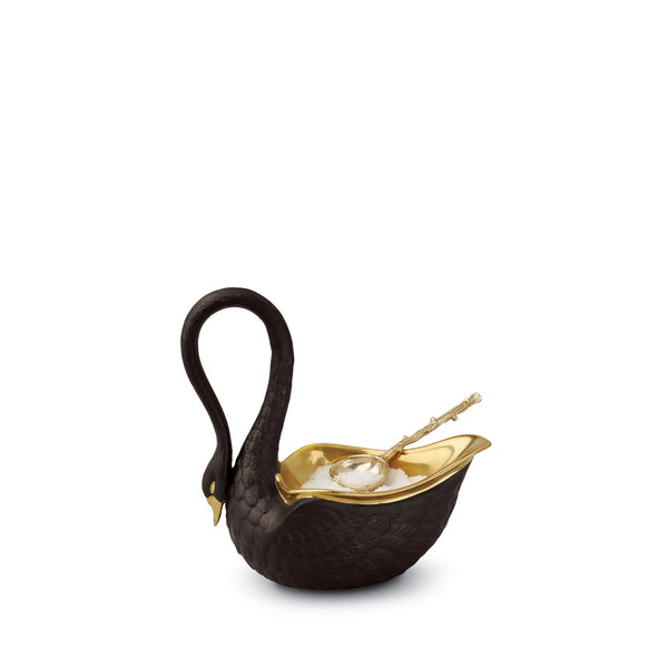 Small Swan Salt Cellar in Black - Luminescent Detail Porcelain - Modernized with Intricate Hand-Gilded Features
