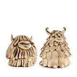 Haas Niki and Simon Salt and Pepper Shakers in Gold - Whimsy Monster Creatures Adorned with Flowing Locks of Fur & Horns