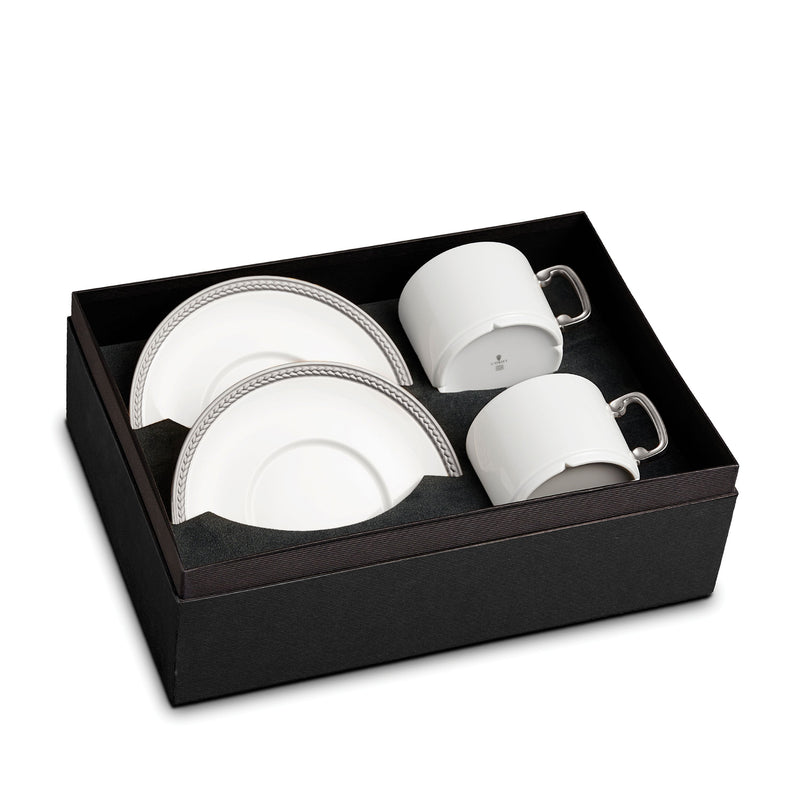 Soie Tressée Tea Cup and Saucer in Platinum - Classic Yet Modern Design Made of Limoges Porcelain