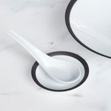Black Soie Tresse dinnerware with white Chinese Spoon