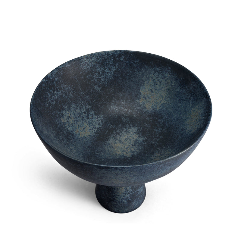 Terra Bowl on Stand - Medium.  A round porcelain bowl on tall stand with a dark mineral glaze.