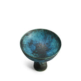 Terra Bowl on Stand - Small. A round porcelain bowl on tall stand with green oxidized glaze.